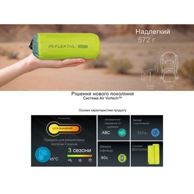Килимок самонадувний Flextail Tiny Slleeping Pad, R03 AVS, розмір L (196 х 65 х 7 см), зелений