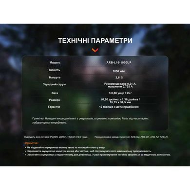 Аккумулятор 16340 Fenix ​​(1050 mAh) Type-C